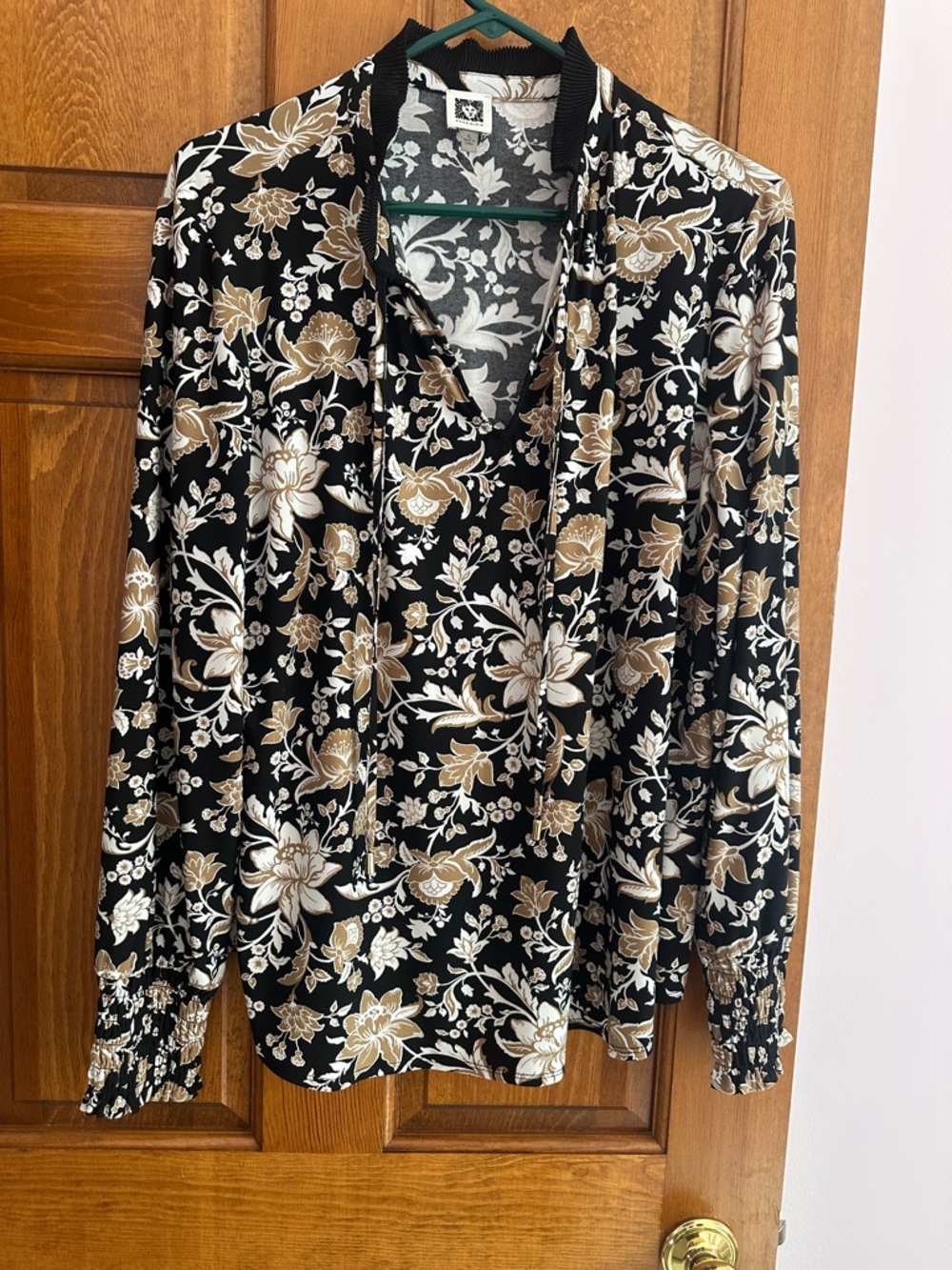 Anne Klein Black Blouse with Gold and Cream Floral Print